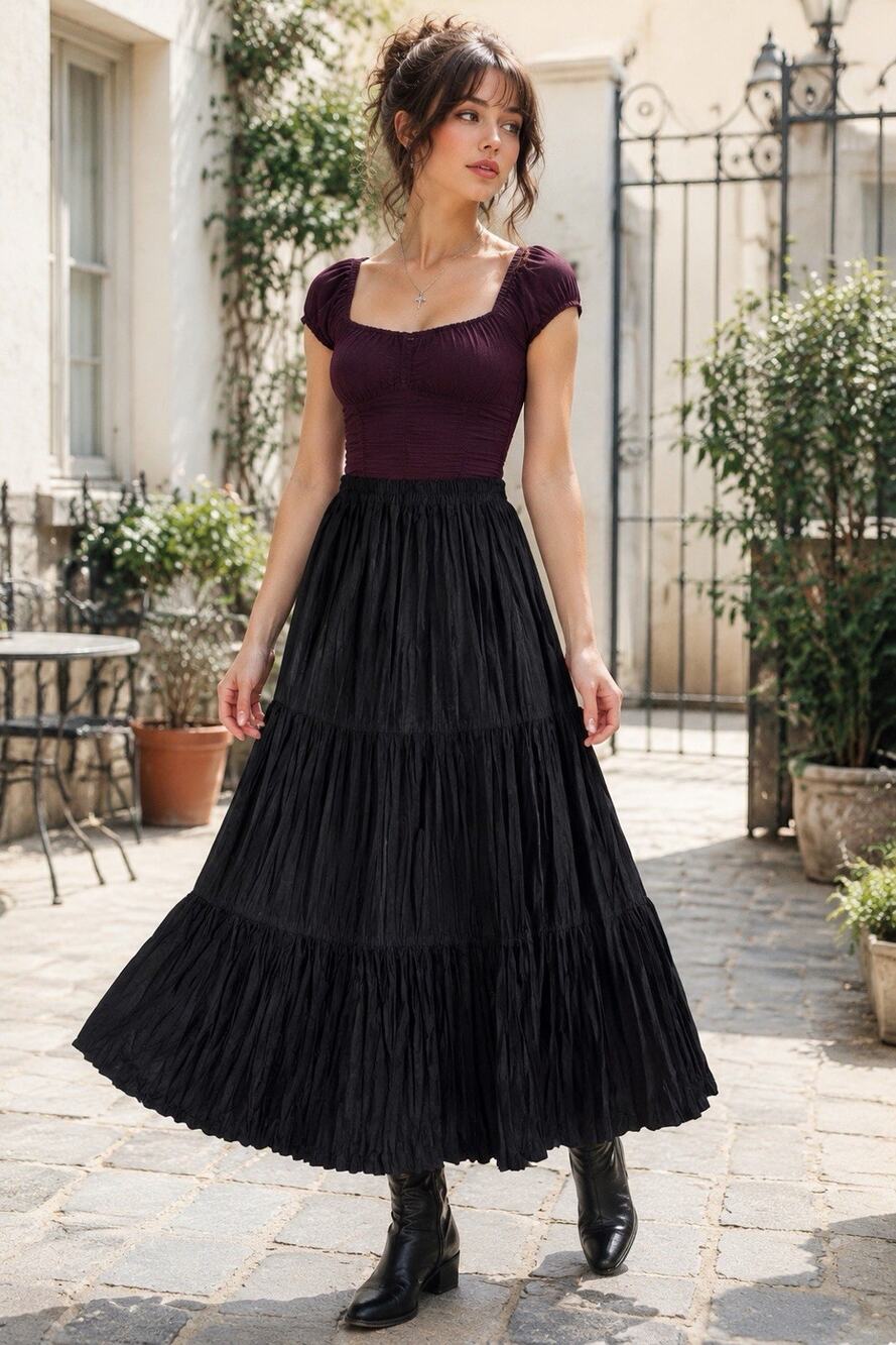 Metka Black Tiered Broomstick Maxi Skirt M Crinkle Rayon Boho Made Mexico